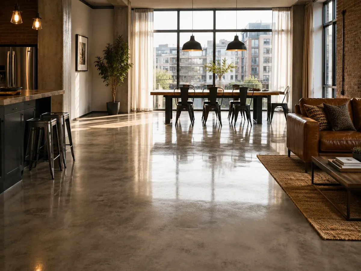 Warm-toned open-concept living space with a polished concrete floor