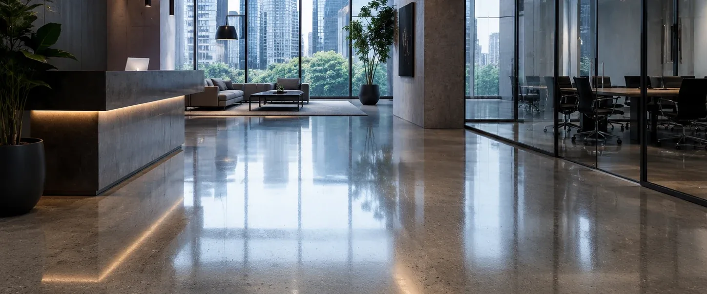 Empty corporate lobby with a glossy polished concrete floor and a glass conference room