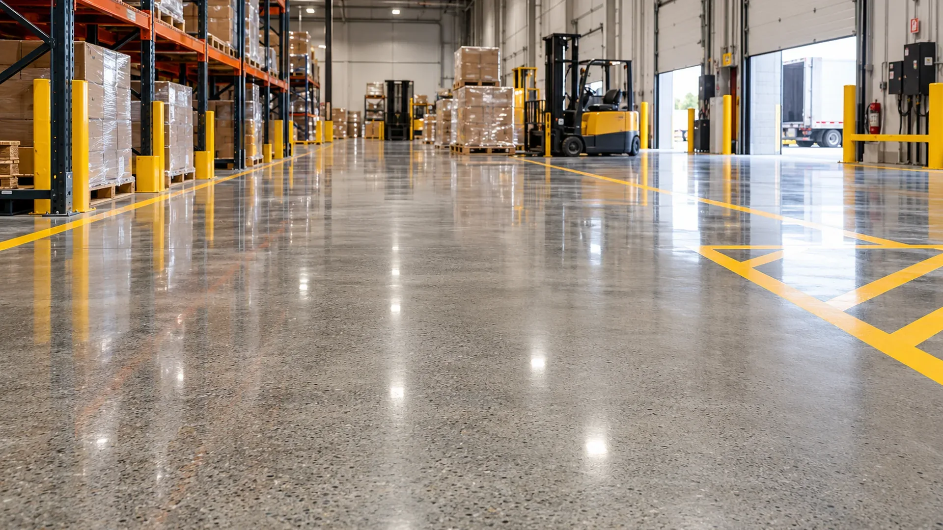 High-gloss polished concrete warehouse floor by Prime Concrete Floors