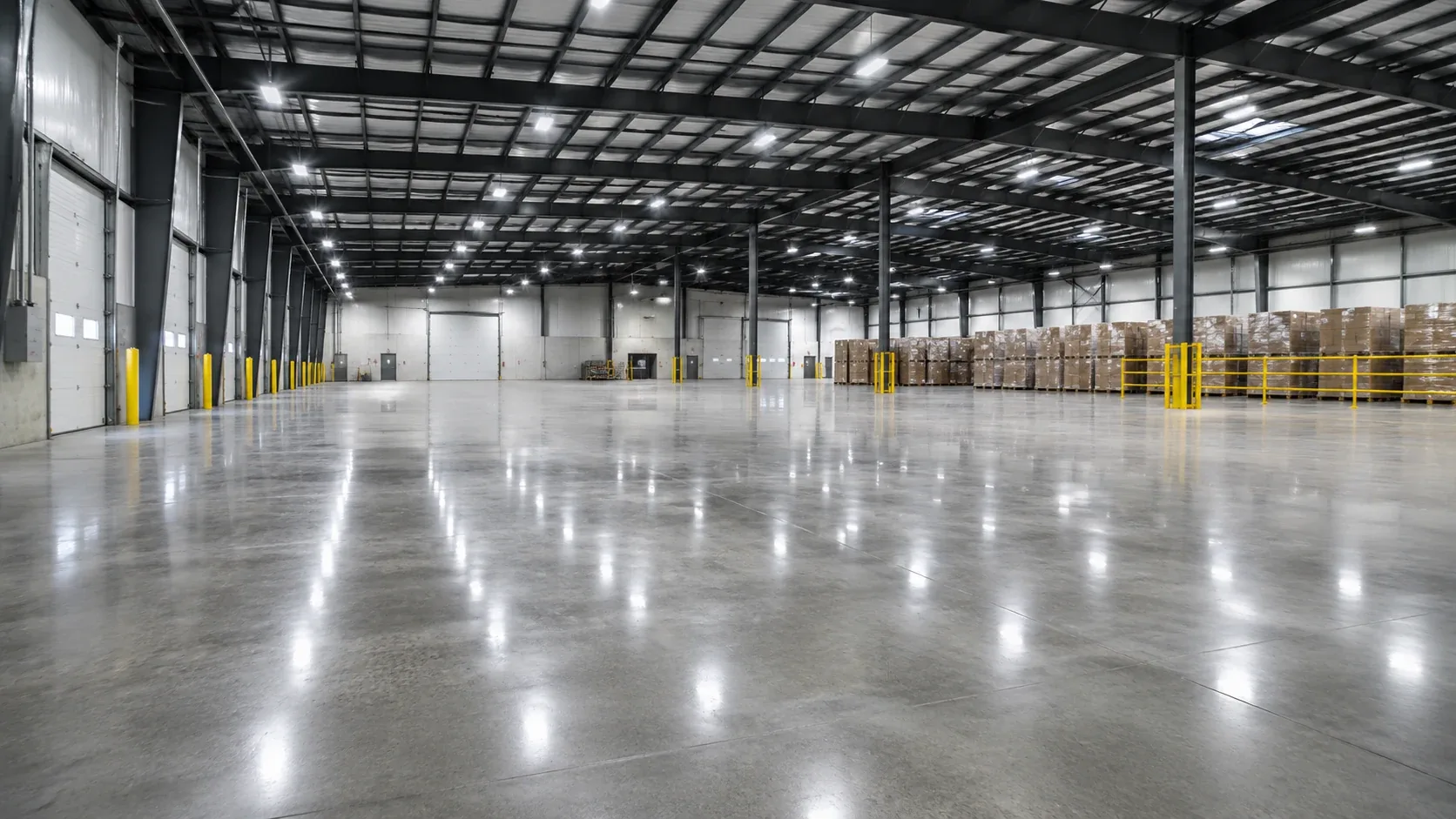 Empty warehouse aisle with a glossy polished concrete floor reflecting overhead lights