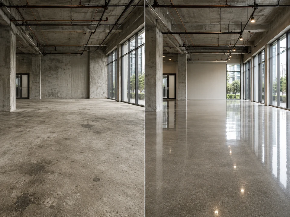 Split image showing worn concrete on one side and a glossy polished floor on the other