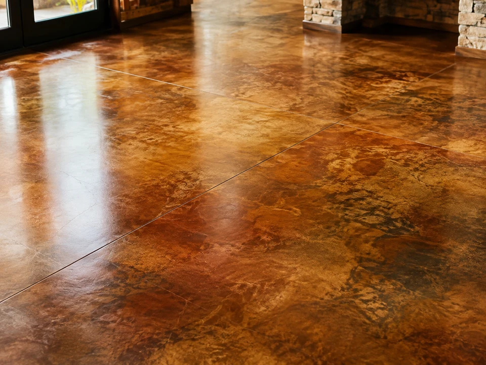 Mottled amber acid-stained concrete floor in a rustic stone-column interior