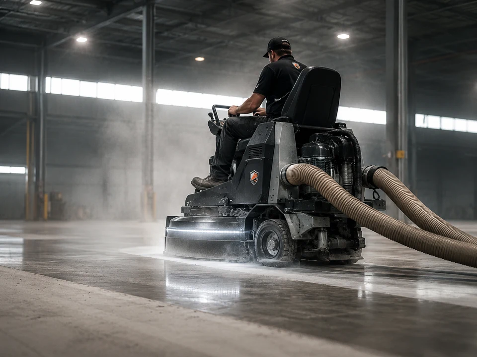Worker operating a diamond grinding machine on a dusty warehouse floor