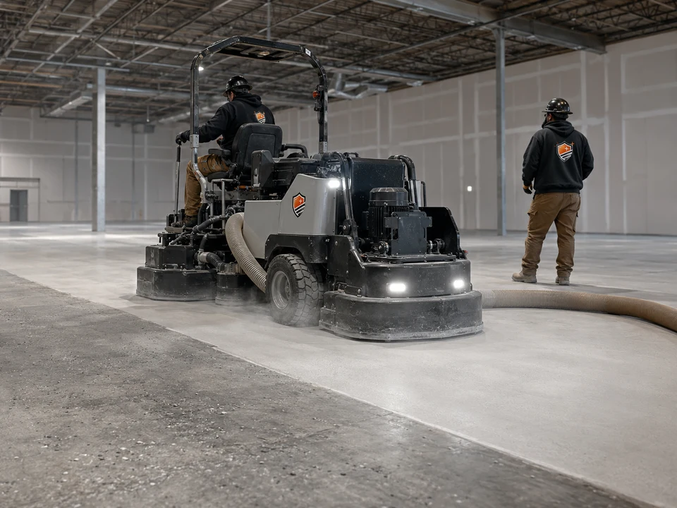 Workers operating a ride-on grinder with a visible transition line between rough and polished concrete