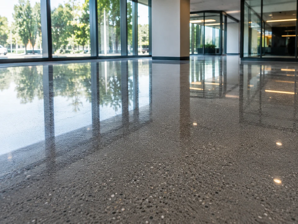 Close-up of a glossy Level 4 polished concrete floor in a bright office/lobby space