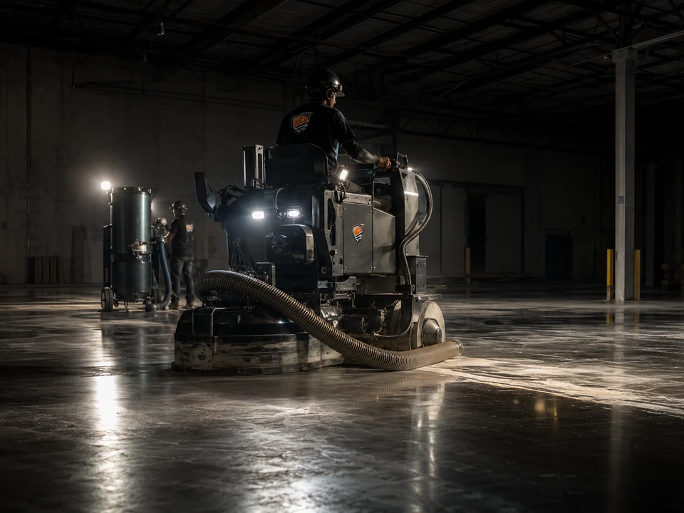 Workers grinding a warehouse floor at night under bright work-lights