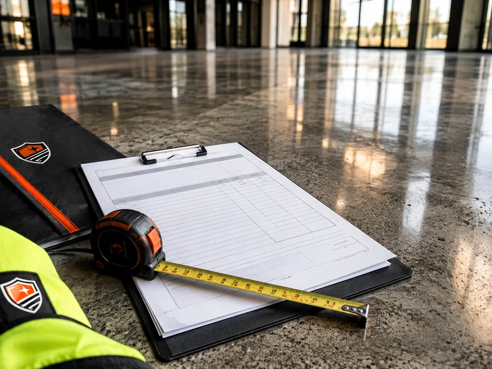 Estimate clipboard and tape measure on a polished concrete floor