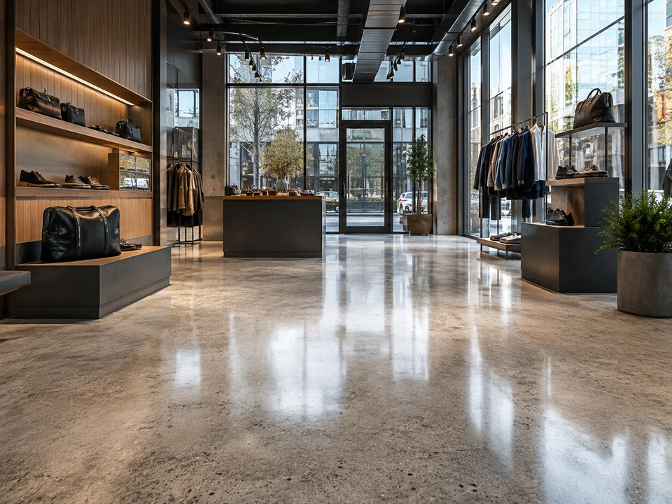 Bright modern retail boutique interior with a glossy polished concrete floor