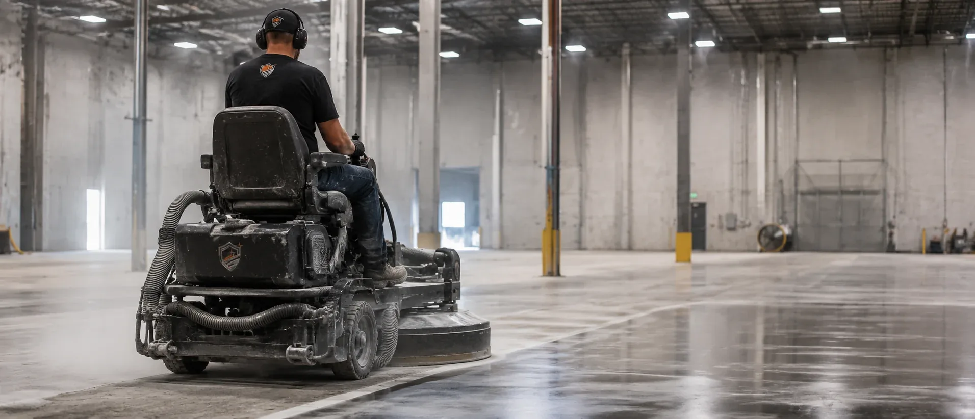 Worker riding a floor grinder down a large warehouse aisle