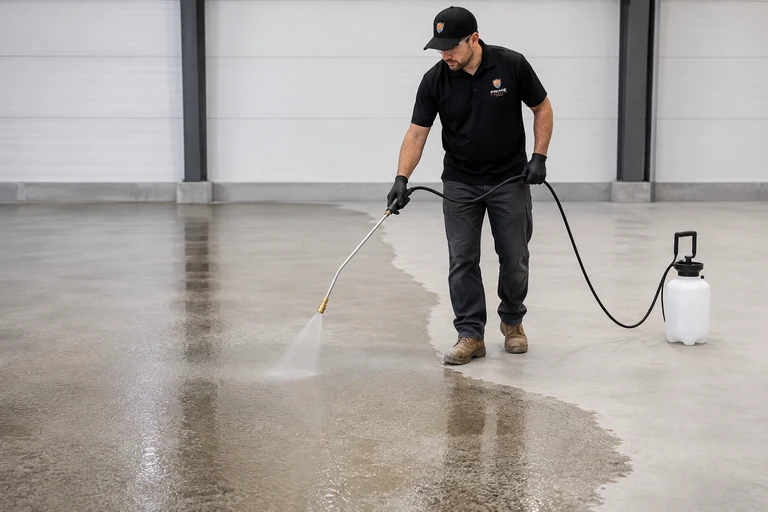 Worker spraying a clear liquid densifier onto a concrete floor