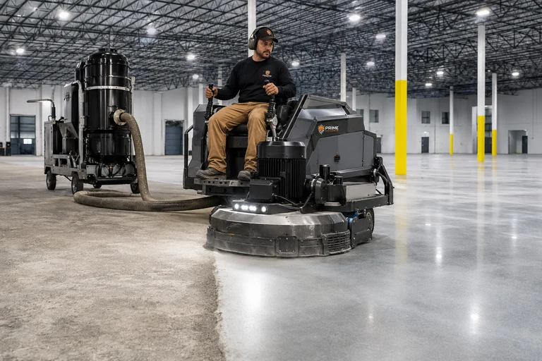 Worker operating a branded diamond grinding machine with a visible concrete transition line