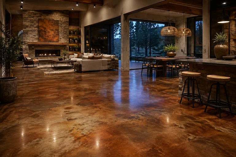 Glossy polished concrete floor in an upscale restaurant interior