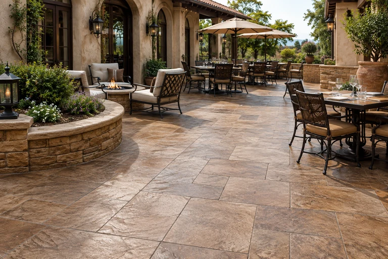 Stamped concrete patio with an embossed stone-block pattern